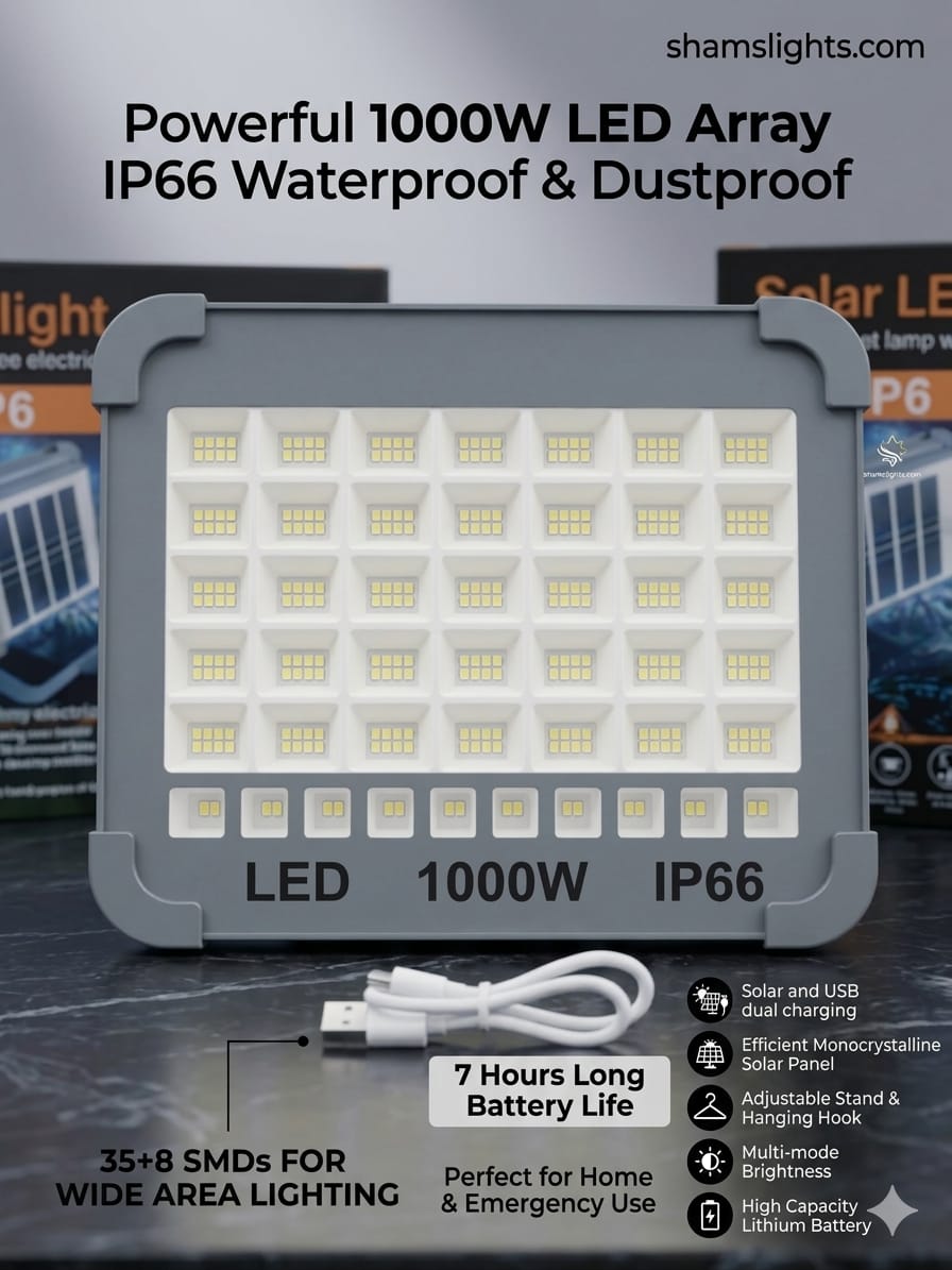 1000W Ultra-Bright Solar & USB Rechargeable Emergency LED Light