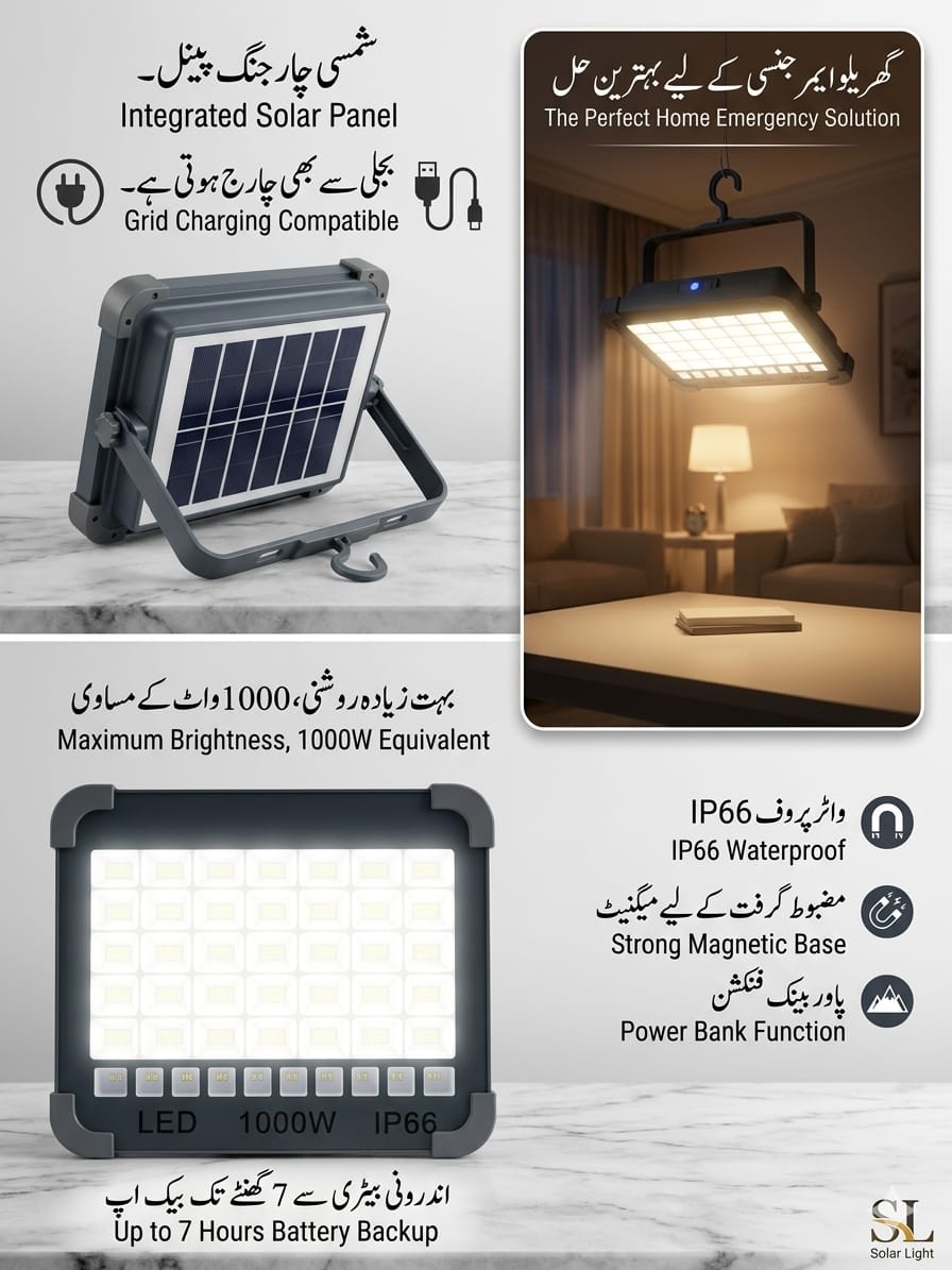 1000W Ultra-Bright Solar & USB Rechargeable Emergency LED Light - Image 3