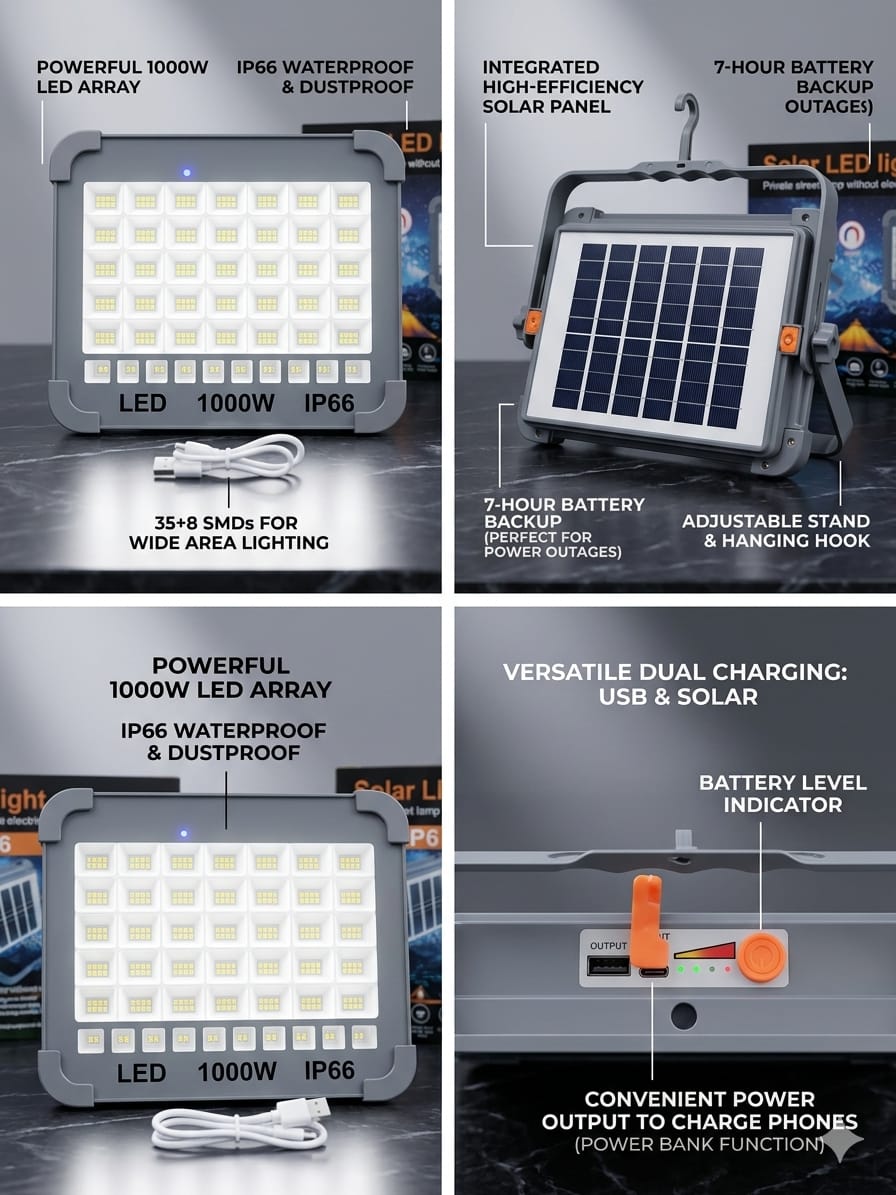 1000W Ultra-Bright Solar & USB Rechargeable Emergency LED Light - Image 2